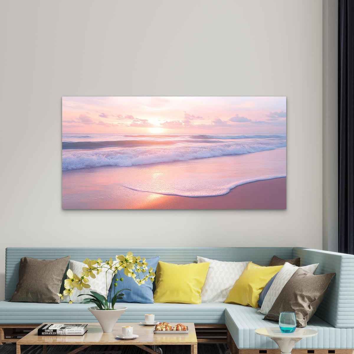 Featuring Sunset Beach Waves Wall Art Canvas Office Home Room Framed 120x60cm