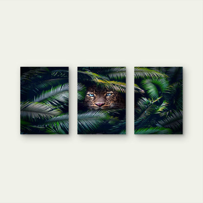 3pcs Leopard Peeking from Palm Leaves Metal Print Ready to Hang Art