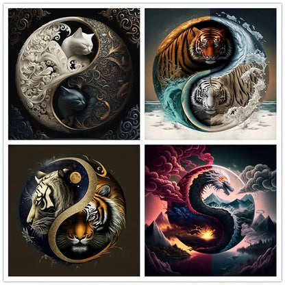 4pcs Kung Fu Logo Tiger Cat Dragon Wall Art Canvas Framed
