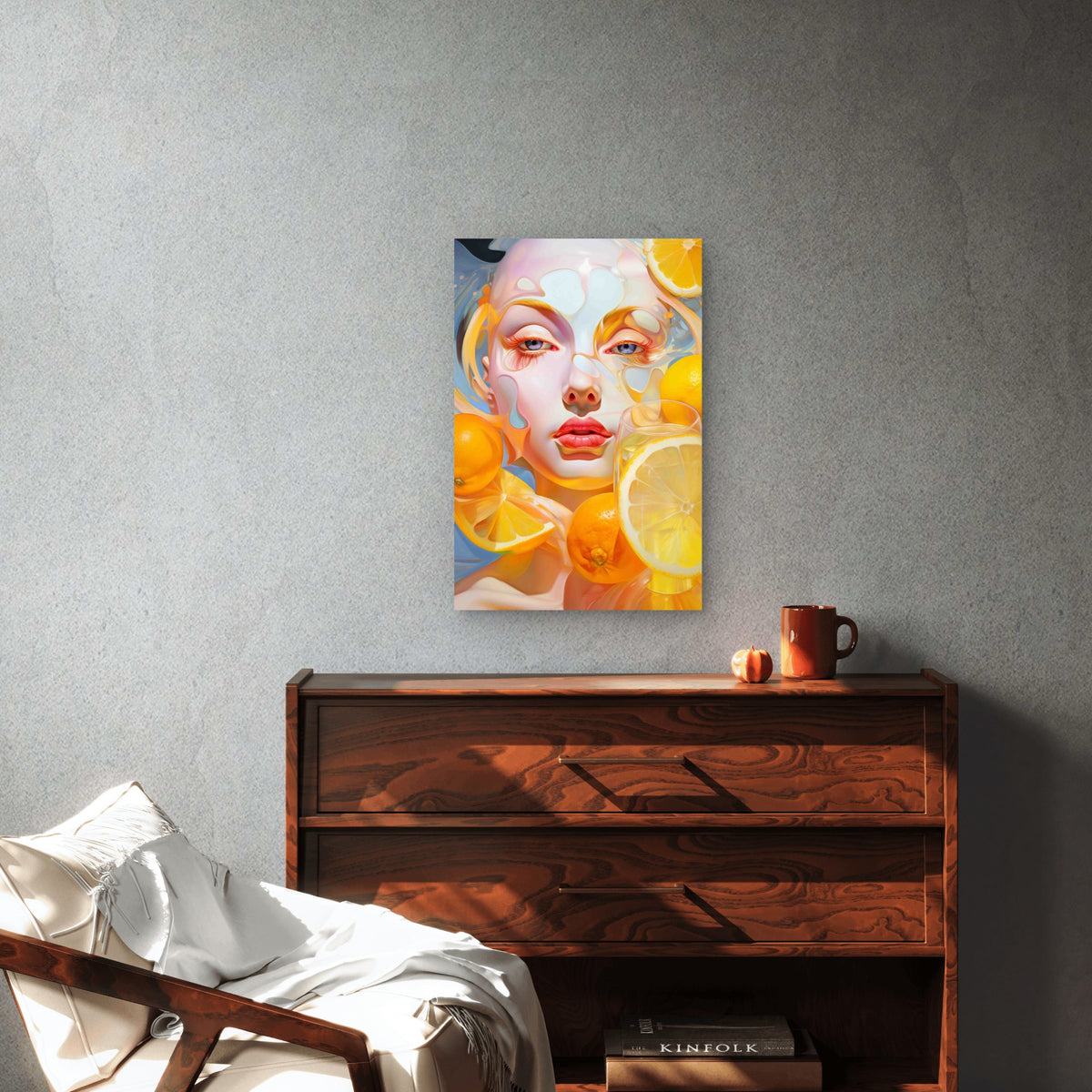 Female Face with Vibrant Orange and Yellow Tones 60x90cm Metal Print Ready to Hang