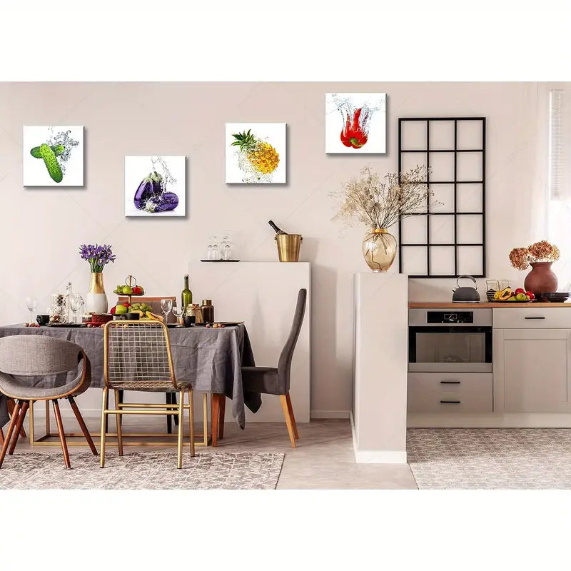 4pcs Cucumber, Eggplant, Pineapple & Pimento Wall Art Canvas Framed