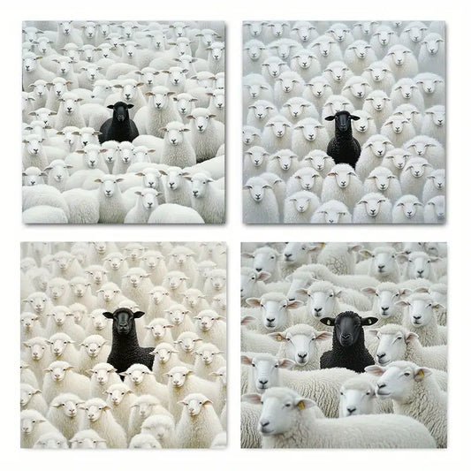 4pcs  Black Sheep in Aries Vintage Abstract      Wall Art Canvas Framed