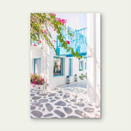 Bougainvillea Santorini White Village Beautiful 60x90cm Metal Print Ready to Hang