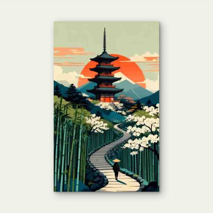 Five-Story Pagoda & Cherry Blossom Path Metal Print Ready to Hang