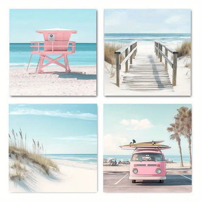 4pcs Beach Chic Summer Ocean View Wall Art Canvas Framed