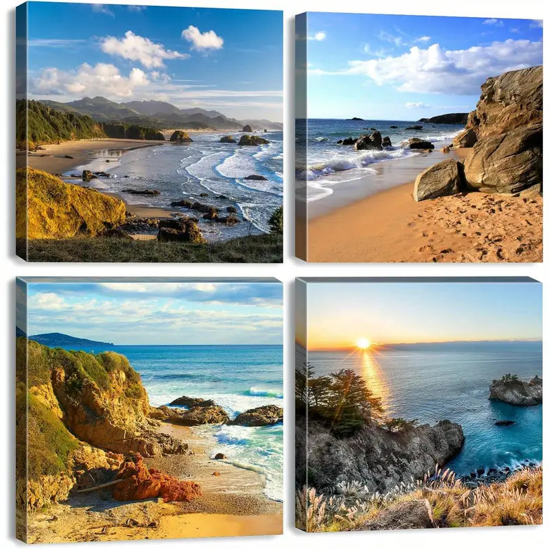 4pcs  Beach Scene   Oregon Coast Land  Wall Art Canvas Framed