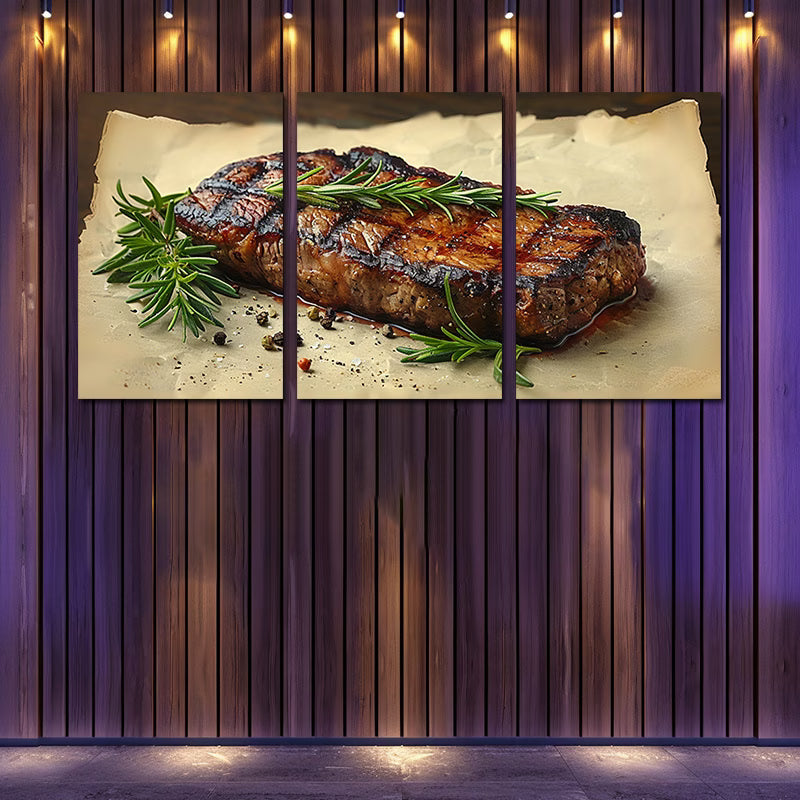 3pcs Steak with Rosemary Sprigs & Peppercorns Wall Art Set Canvas Framed 50x70cm - High Quality Print 100% Australian Made Wall Canvas Ready to Hang