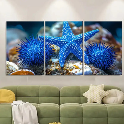 3pcs Blue Starfish & Sea Urchin Ocean Wall Art Set Canvas Framed 60x90cm - High Quality Print 100% Australian Made Wall Canvas Ready to Hang