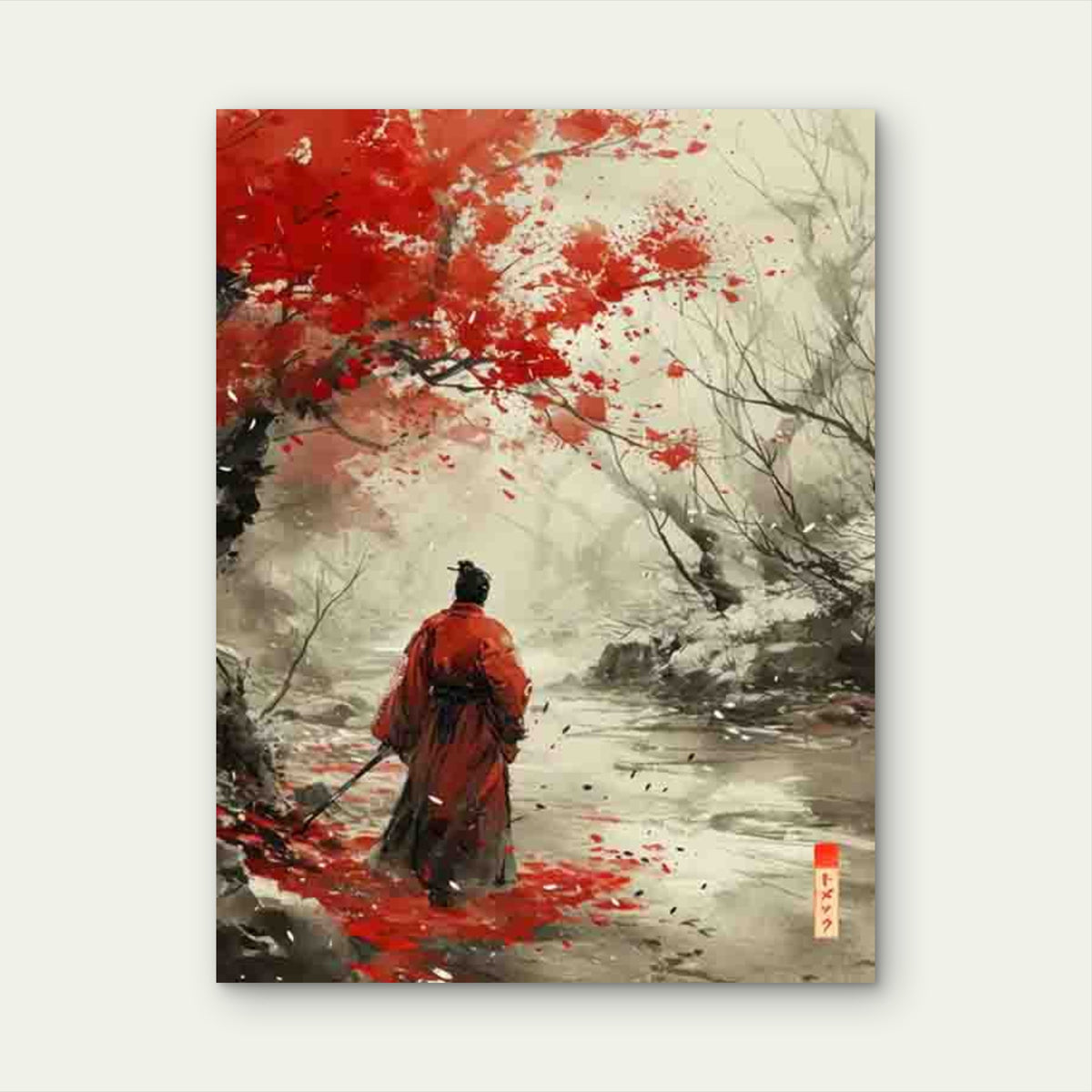 Samurai Artwork Featuring Red Blossoms 60x90cm Metal Print Ready to Hang