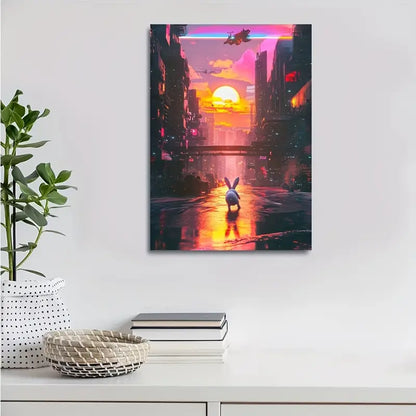 Cyberpunk Rabbit Under Glowing Sunset 40x60cm Metal Print Ready to Hang