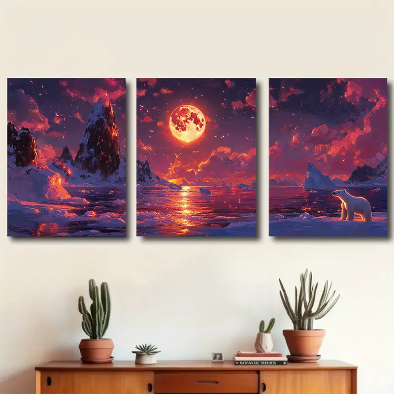 3pcs Arctic Coastline Polar Bear Scene Wall Art Set Canvas Framed 60x90cm - High Quality Print 100% Australian Made Wall Canvas Ready to Hang