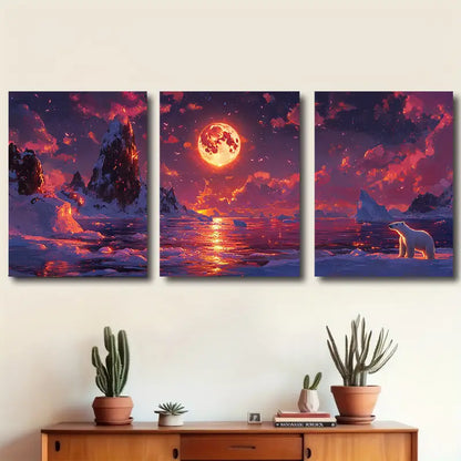 3pcs Arctic Coastline Polar Bear Scene Wall Art Set Canvas Framed 60x90cm - High Quality Print 100% Australian Made Wall Canvas Ready to Hang
