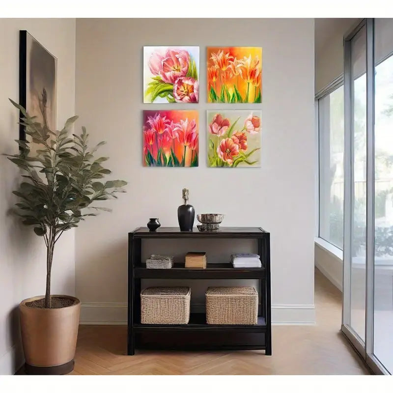 4pcs Tulips Wall Art Pink Flowers  Wall Art Canvas Framed