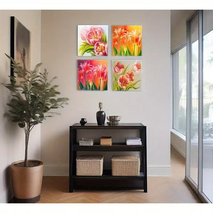 4pcs Tulips Wall Art Pink Flowers  Wall Art Canvas Framed
