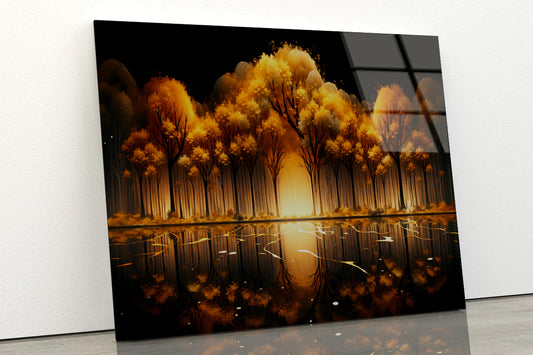 Oil Painting of Golden Trees & Lake Acrylic Glass Print Tempered Glass Wall Art 100% Made in Australia Ready to Hang