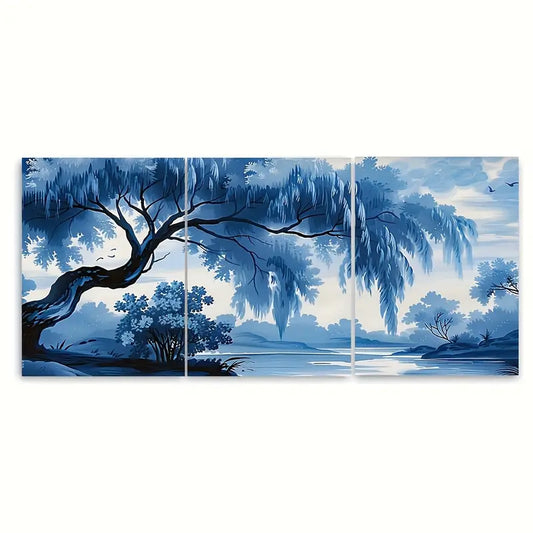 3pcs Monochrome Blue River Willow Tree Metal Print Ready to Hang Art