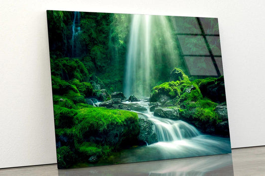 Natural Waterfall with Rocks and Green Moss  Acrylic Glass Print Tempered Glass Wall Art 100% Made in Australia Ready to Hang