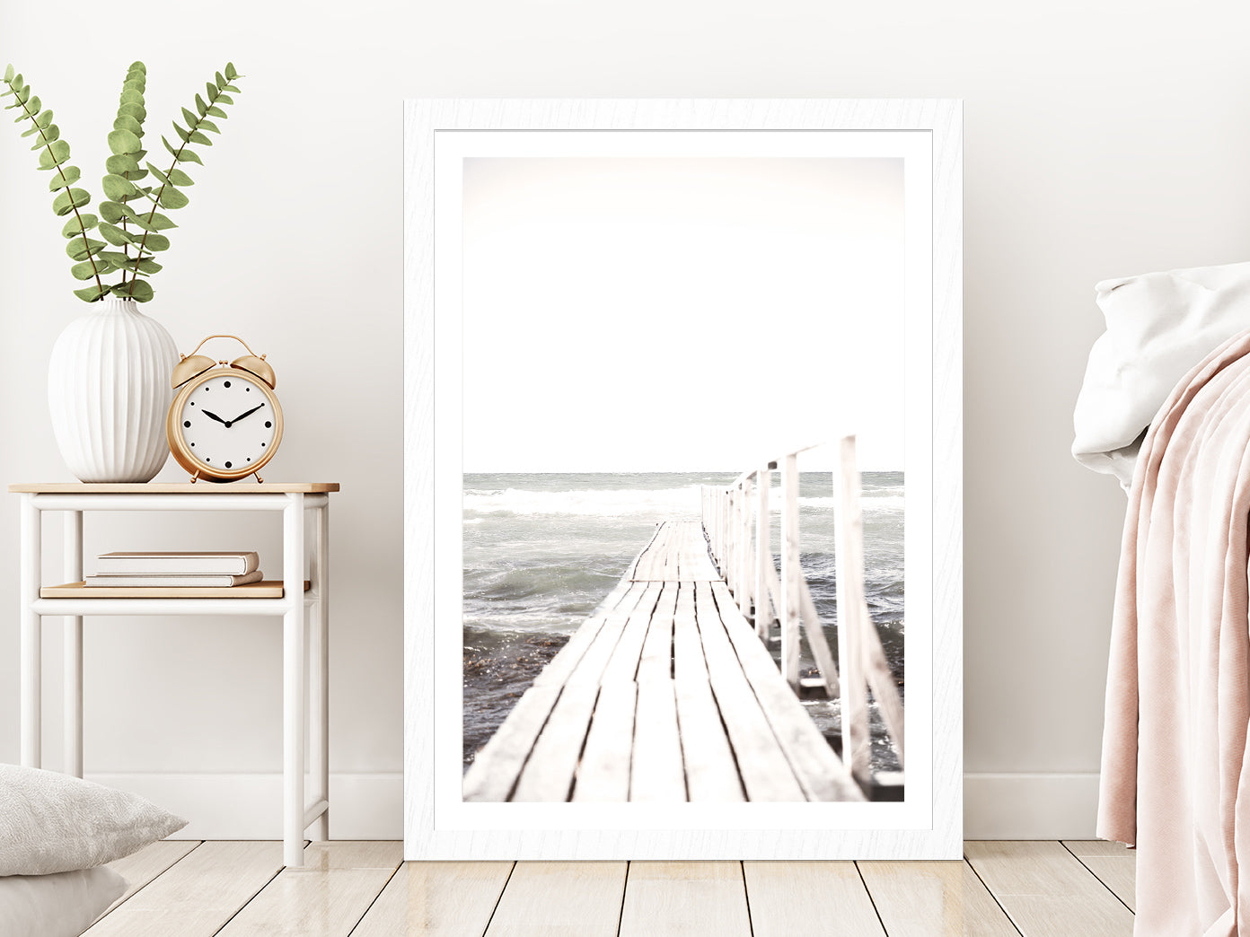 Wooden Pier near Beach Faded Photograph Glass Framed Wall Art, Ready to Hang Quality Print With White Border White