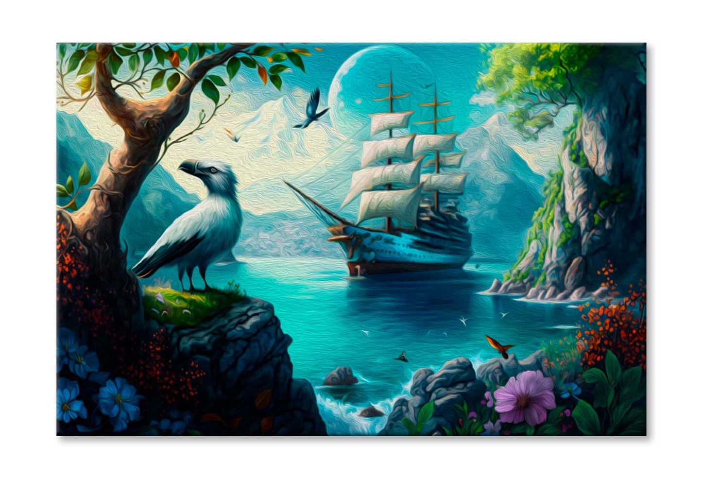 Sailing Boat in Sea and A Bird, Colorful Flowers, Mountain Wall Art Limited Edition High Quality Print