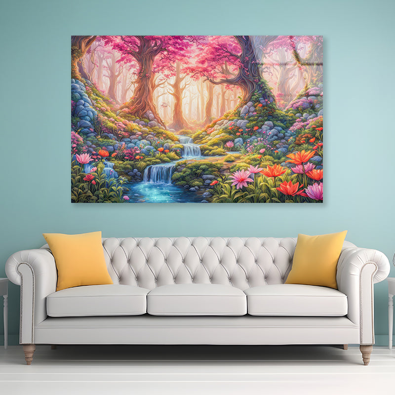 A Painting of a Garden with a Waterfall & Flowers Acrylic Glass Print Tempered Glass Wall Art 100% Made in Australia Ready to Hang