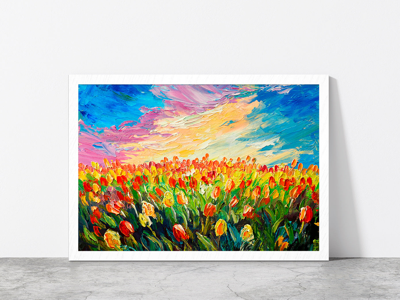 Tulip Flowers Meadow Glass Framed Wall Art, Ready to Hang Quality Print Without White Border White