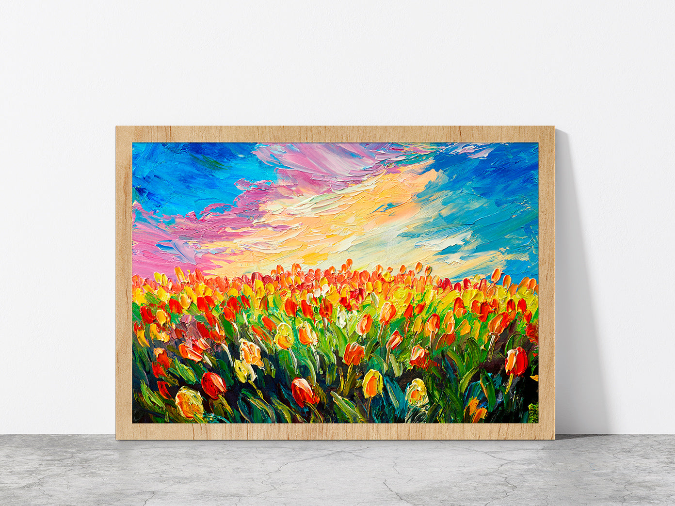 Tulip Flowers Meadow Glass Framed Wall Art, Ready to Hang Quality Print Without White Border Oak