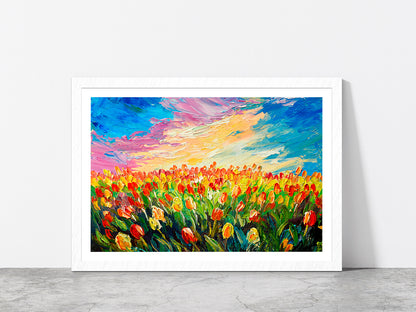 Tulip Flowers Meadow Glass Framed Wall Art, Ready to Hang Quality Print With White Border White