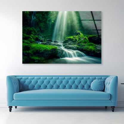 Natural Waterfall with Rocks and Green Moss  Acrylic Glass Print Tempered Glass Wall Art 100% Made in Australia Ready to Hang