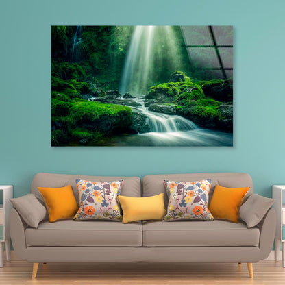 Natural Waterfall with Rocks and Green Moss  Acrylic Glass Print Tempered Glass Wall Art 100% Made in Australia Ready to Hang