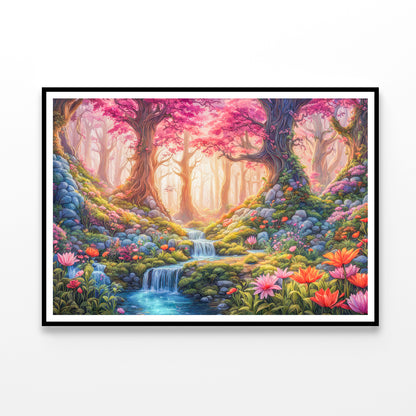 A Painting of a Garden with a Waterfall & Flowers Home Decor Premium Quality Poster Print Choose Your Sizes