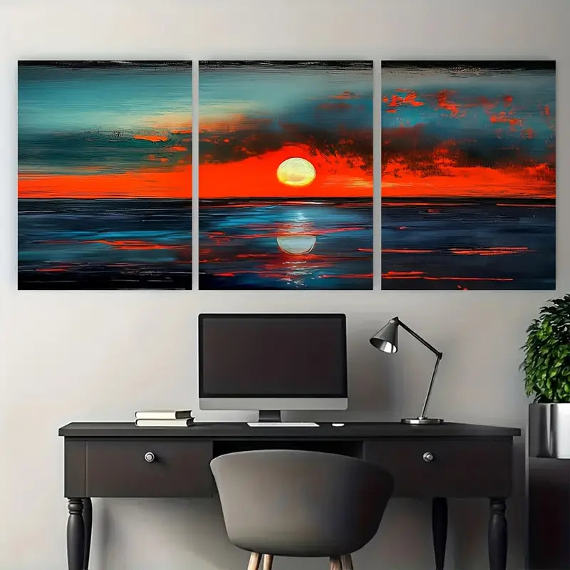 3pcs Sunset Ocean Seascape Teal & Orange Metal Print Ready to Hang Art