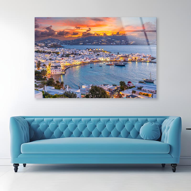 Embrace The Warm Hues of Sunset in Mykonos Town Chora Acrylic Glass Print Tempered Glass Wall Art 100% Made in Australia Ready to Hang