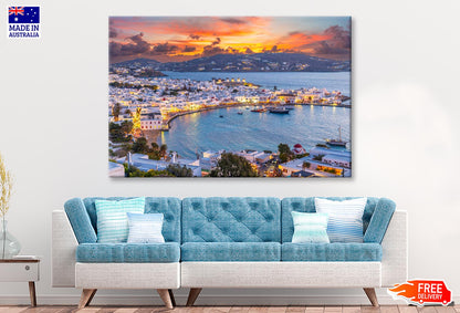 Embrace The Warm Hues of Sunset in Mykonos Town Chora Wall Art Decor 100% Australian Made