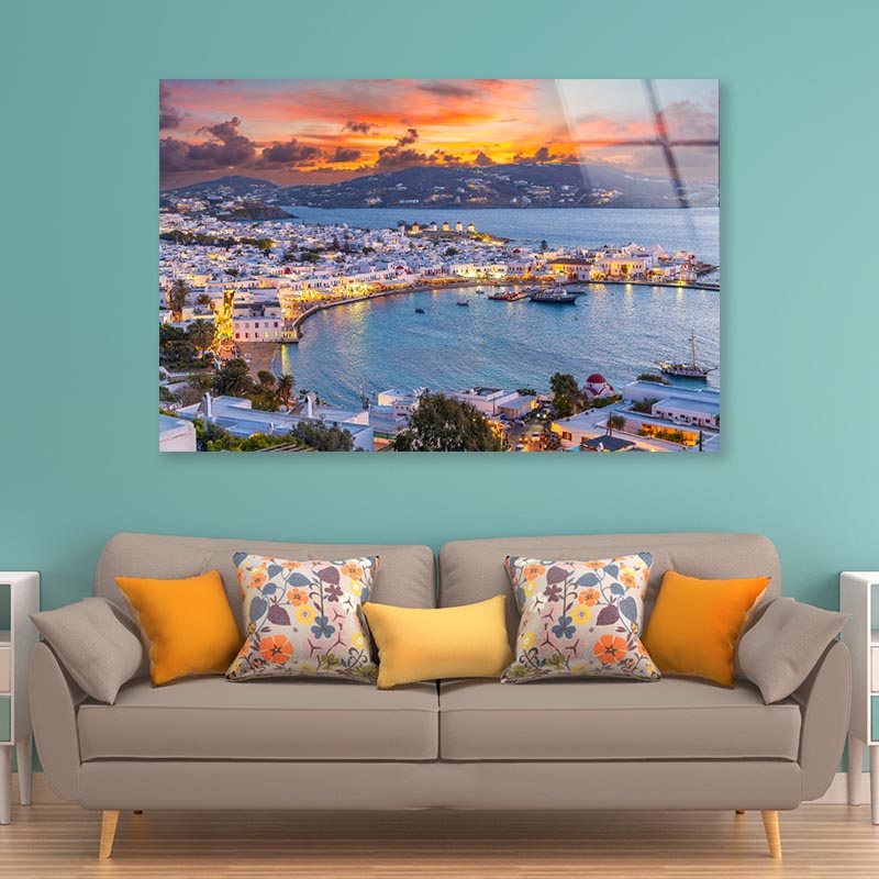 Embrace The Warm Hues of Sunset in Mykonos Town Chora Acrylic Glass Print Tempered Glass Wall Art 100% Made in Australia Ready to Hang