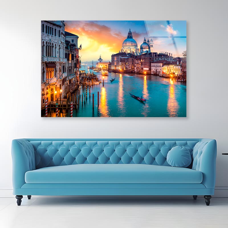 Canal With Boats and Buildings in The Background Acrylic Glass Print Tempered Glass Wall Art 100% Made in Australia Ready to Hang