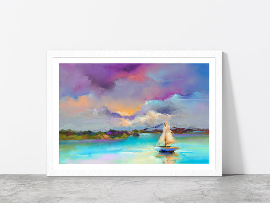 Sail Boat On Sea With Colorful Sky Glass Framed Wall Art, Ready to Hang Quality Print With White Border White