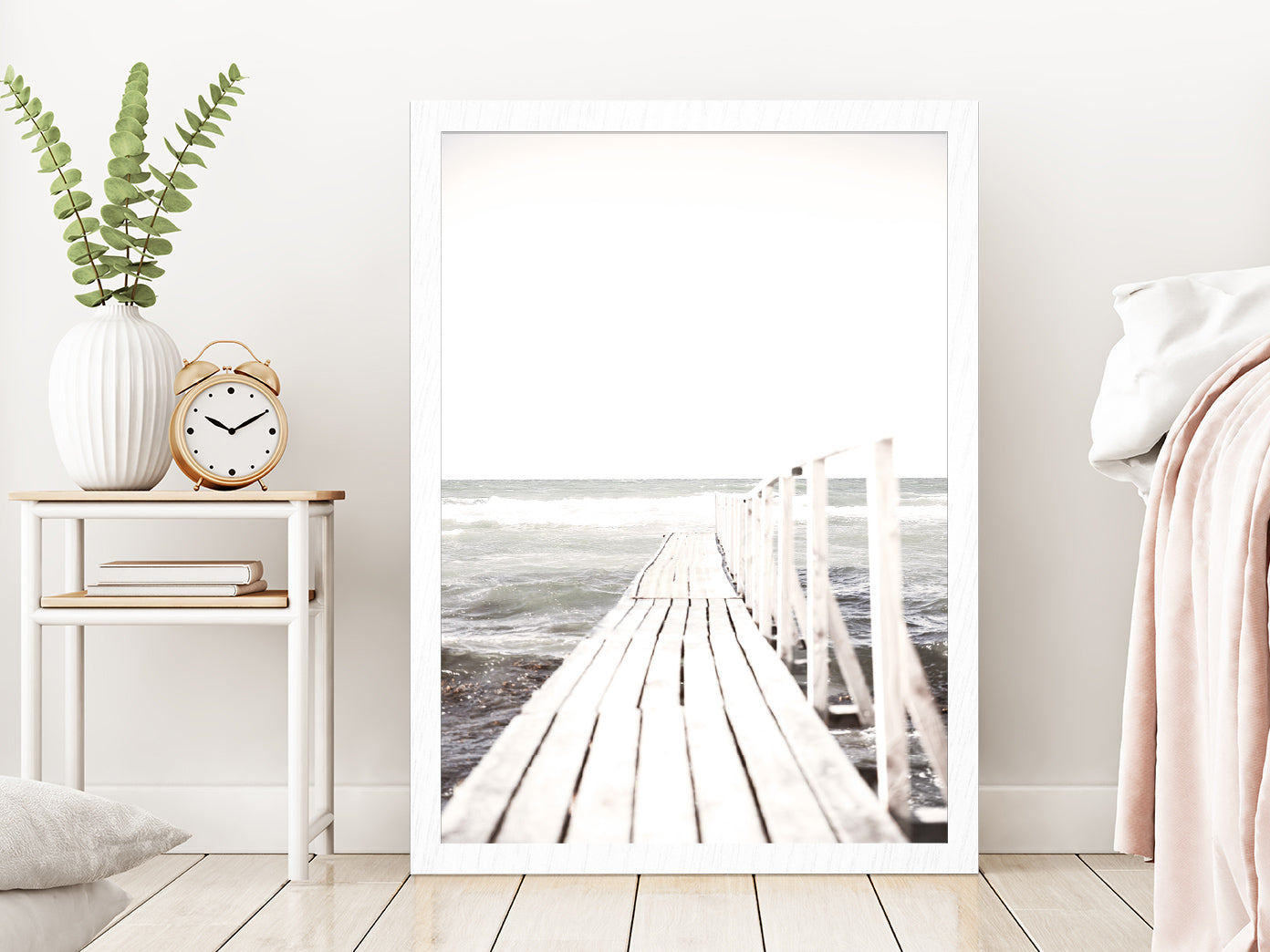 Wooden Pier near Beach Faded Photograph Glass Framed Wall Art, Ready to Hang Quality Print Without White Border White