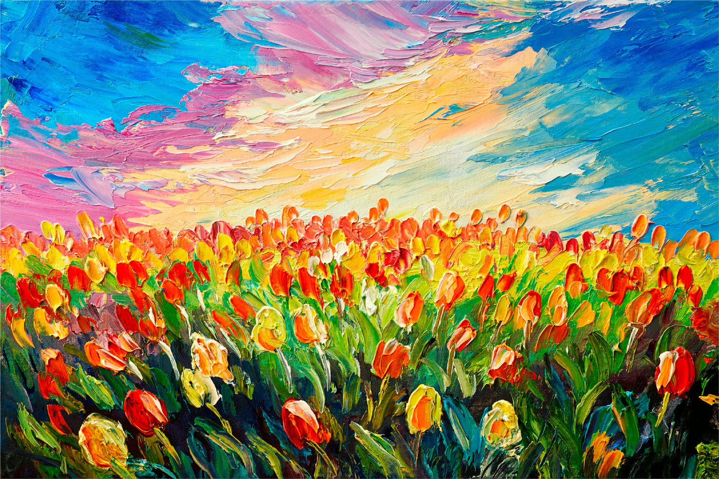 Tulip Flowers Meadow Glass Framed Wall Art, Ready to Hang Quality Print