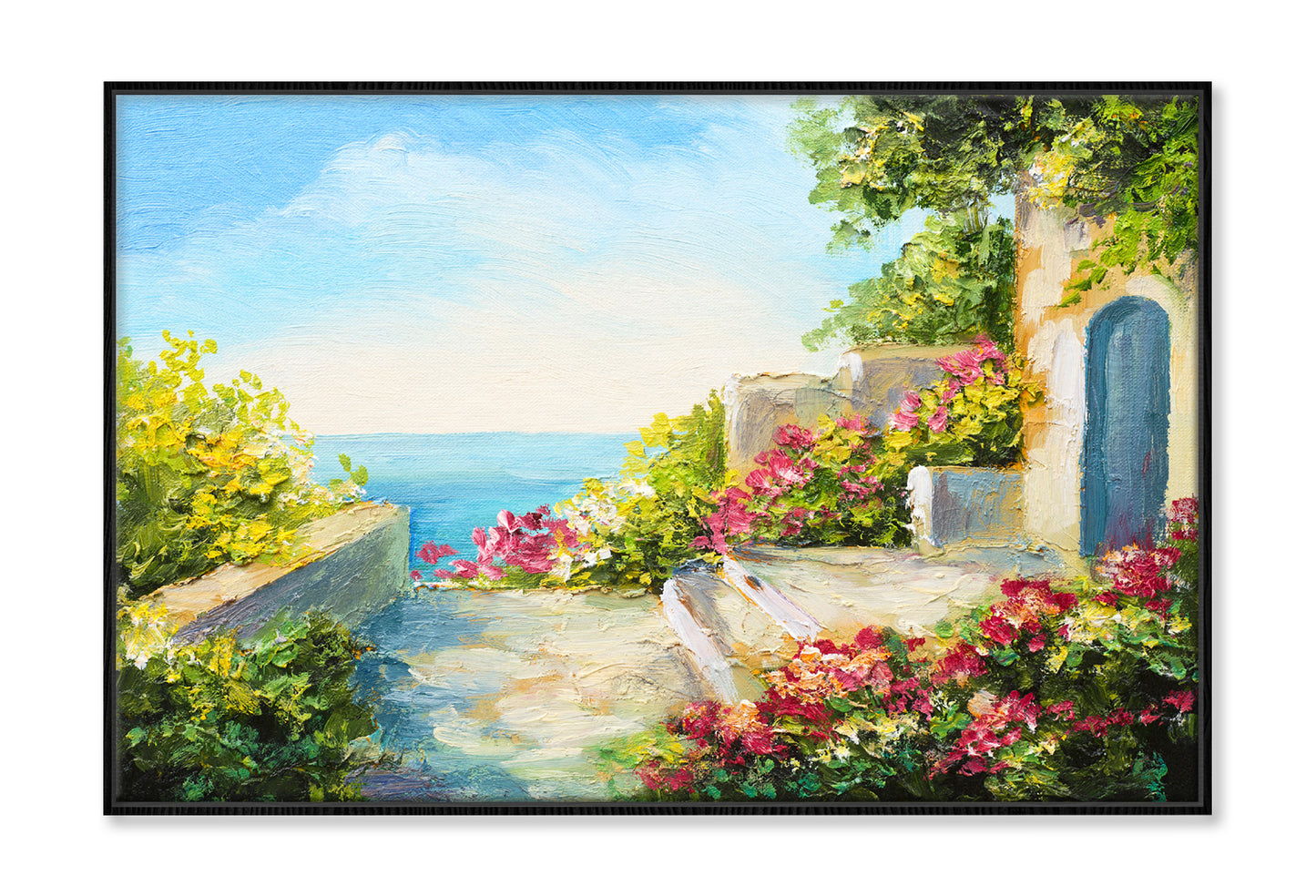 House near the Sea & Colorful Flowers Oil Painting Wall Art Limited Edition High Quality Print Canvas Box Framed Black