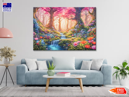 A Painting of a Garden with a Waterfall & Flowers Print 100% Australian Made