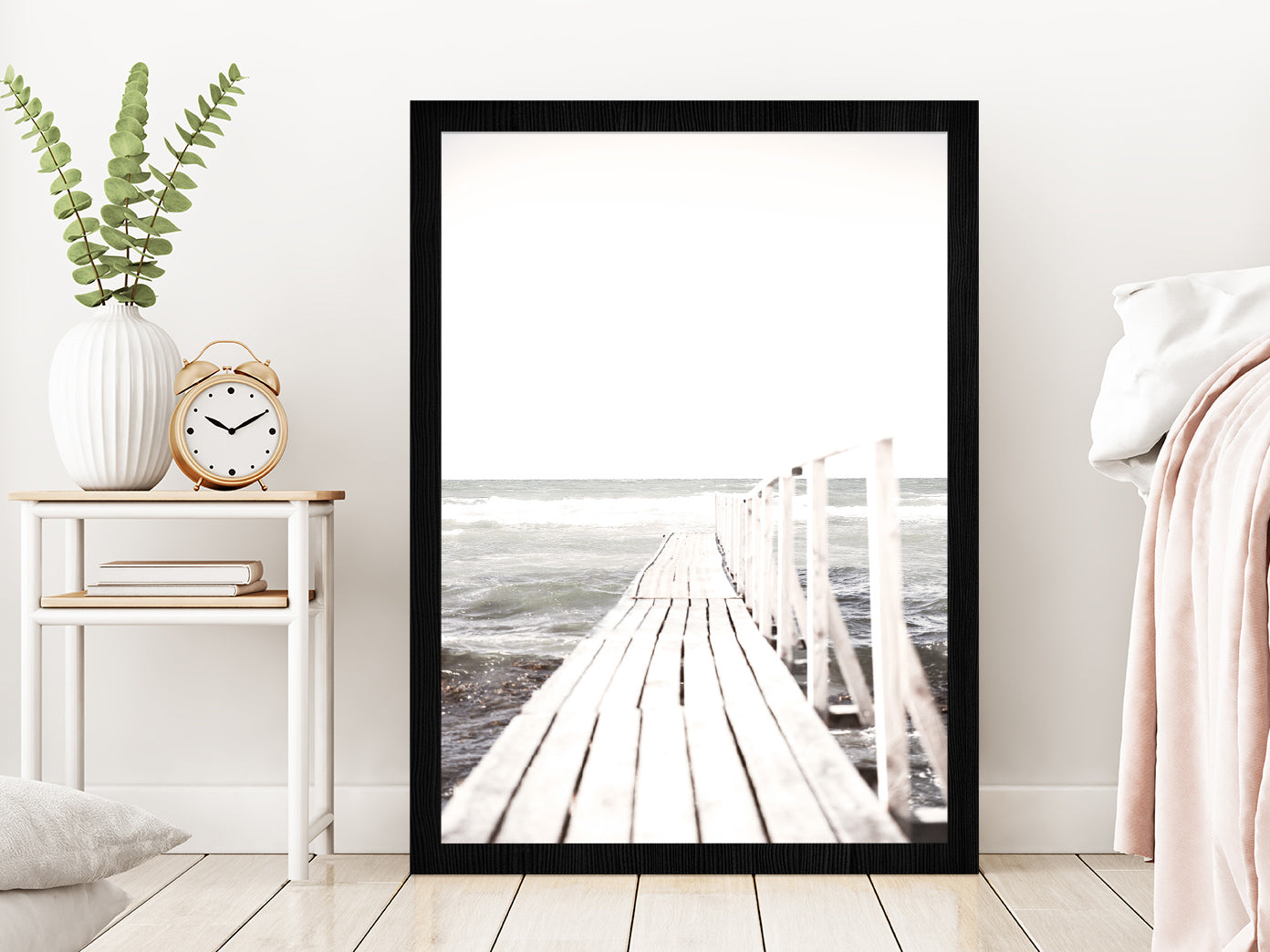 Wooden Pier near Beach Faded Photograph Glass Framed Wall Art, Ready to Hang Quality Print Without White Border Black