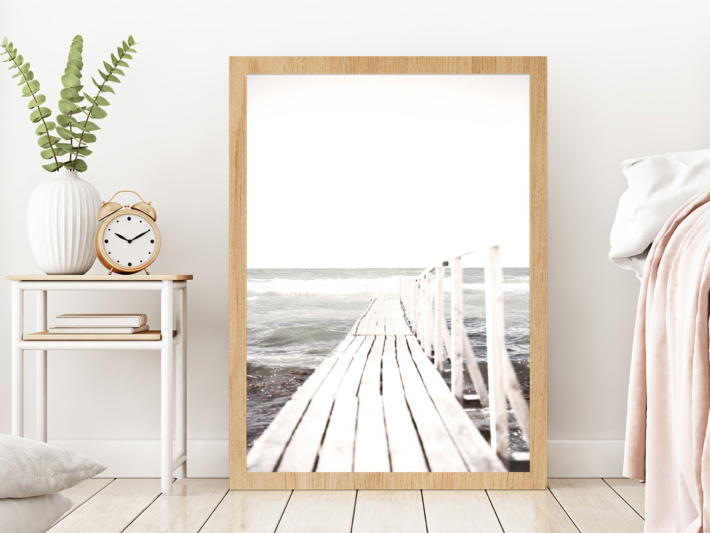 Wooden Pier near Beach Faded Photograph Glass Framed Wall Art, Ready to Hang Quality Print Without White Border Oak