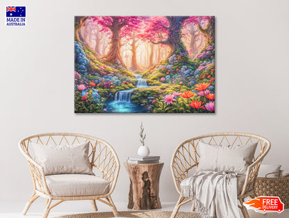 A Painting of a Garden with a Waterfall & Flowers Print 100% Australian Made