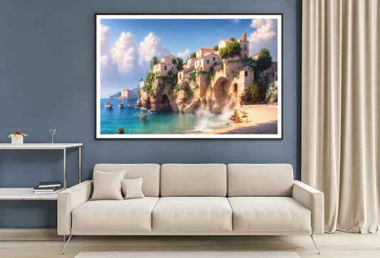 Colorful Beach Scene with Charming Houses Home Decor Premium Quality Poster Print Choose Your Sizes