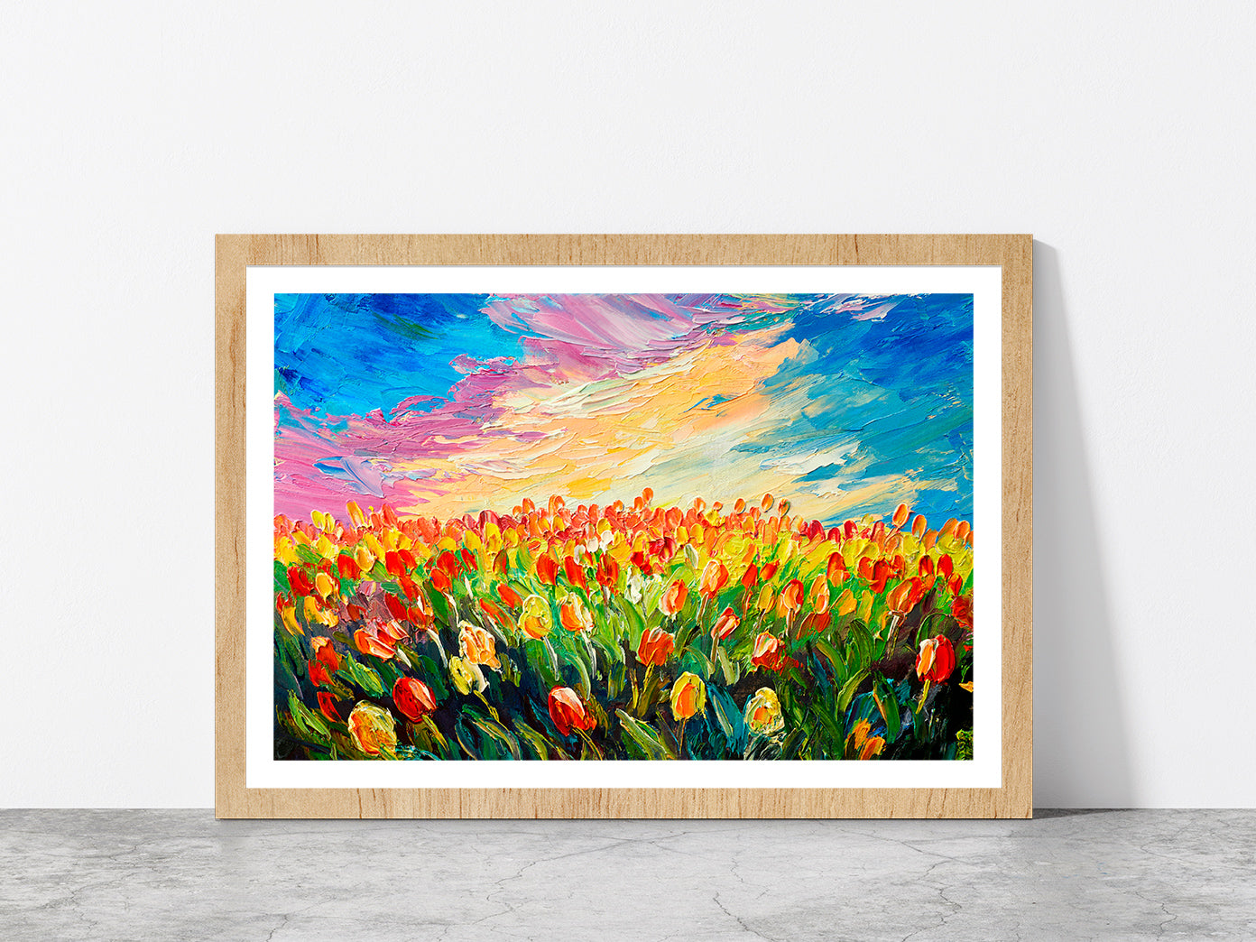 Tulip Flowers Meadow Glass Framed Wall Art, Ready to Hang Quality Print With White Border Oak