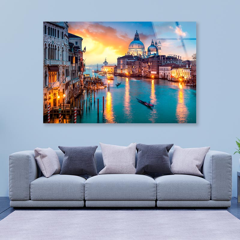 Canal With Boats and Buildings in The Background Acrylic Glass Print Tempered Glass Wall Art 100% Made in Australia Ready to Hang