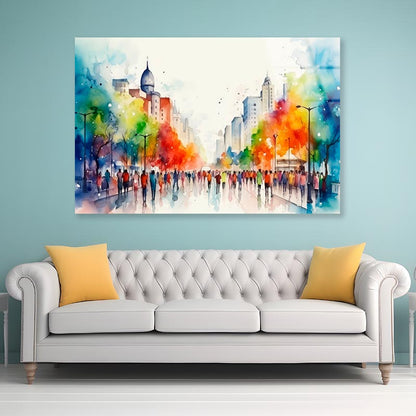 Jazzy, Lively, Colorful Water Color Painting of a Downtown City  Acrylic Glass Print Tempered Glass Wall Art 100% Made in Australia Ready to Hang