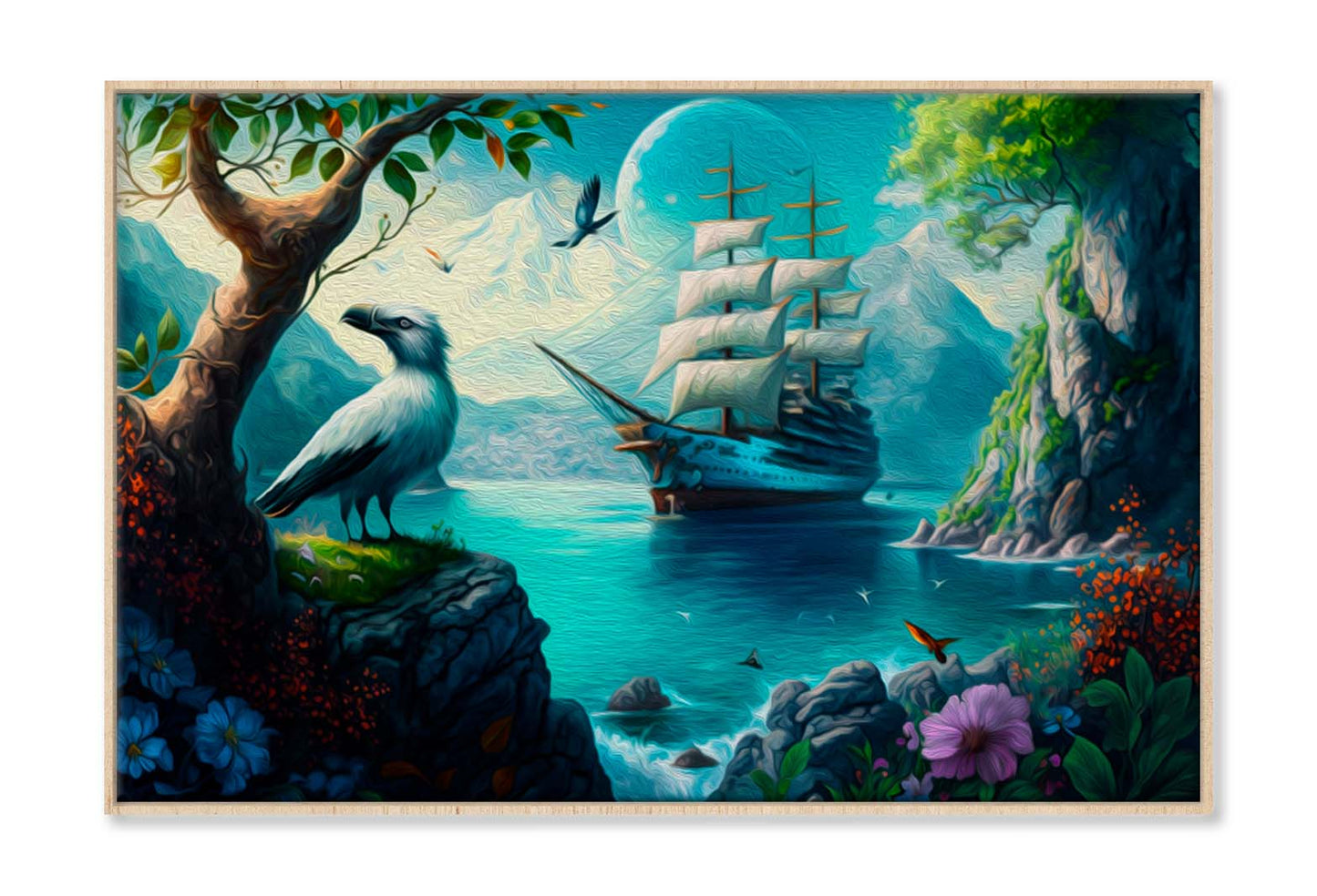 Sailing Boat in Sea and A Bird, Colorful Flowers, Mountain Wall Art Limited Edition High Quality Print