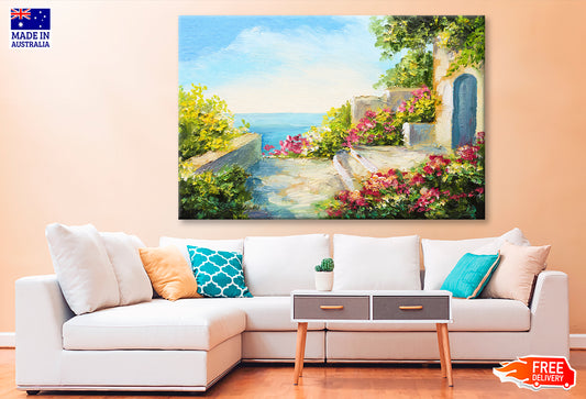 House near the Sea & Colorful Flowers Oil Painting Wall Art Limited Edition High Quality Print