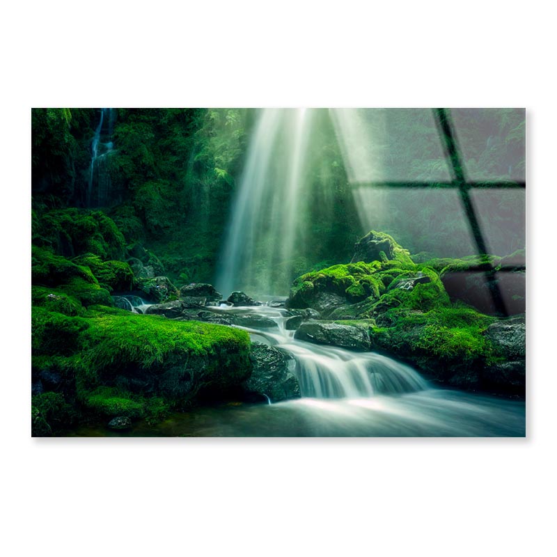 Natural Waterfall with Rocks and Green Moss  Acrylic Glass Print Tempered Glass Wall Art 100% Made in Australia Ready to Hang